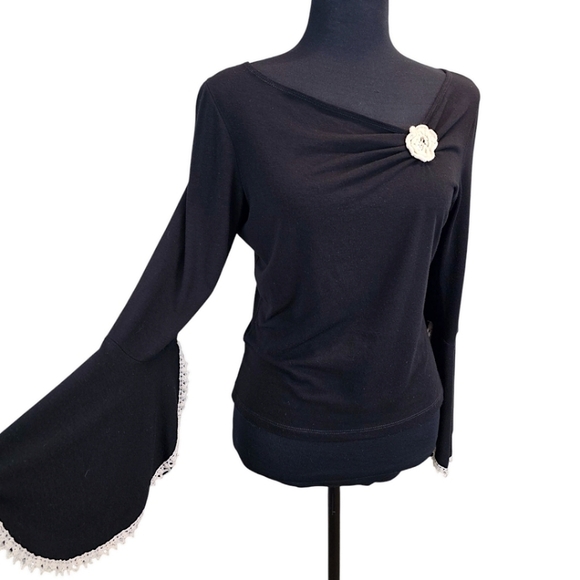 Vintage Y2K Black Knit Top MP Flared Sleeves Rosette Flower Balletcore Soft Girl - Picture 7 of 16